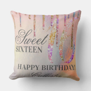 Rainbow Holographic Glitter Drips Sweet 16 Birthda Throw Pillow