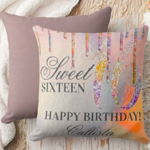 Rainbow Holographic Glitter Drips Sweet 16 Birthda Throw Pillow