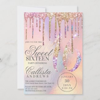 Rainbow Holographic Glitter Drips Sweet 16 Invitation