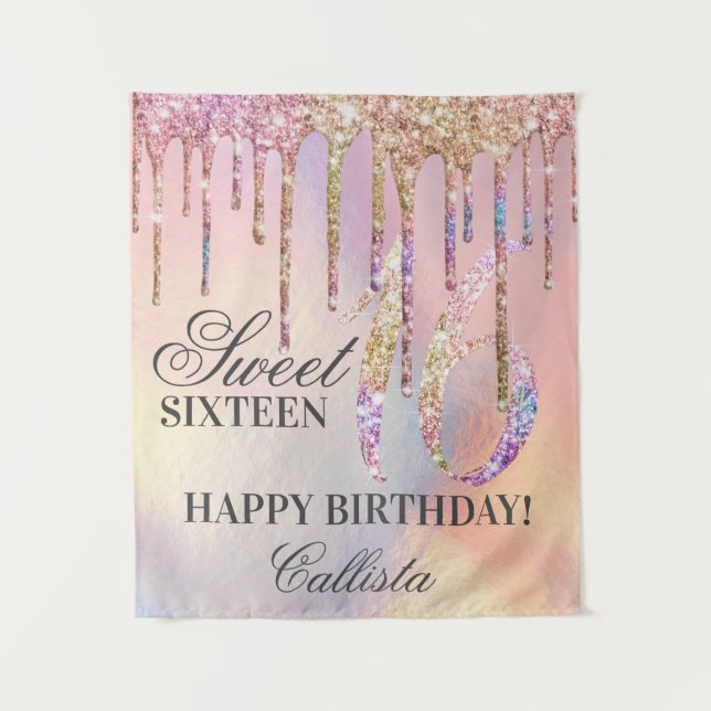 Rainbow Holographic Glitter Drips Sweet 16 Tapestry (Front)