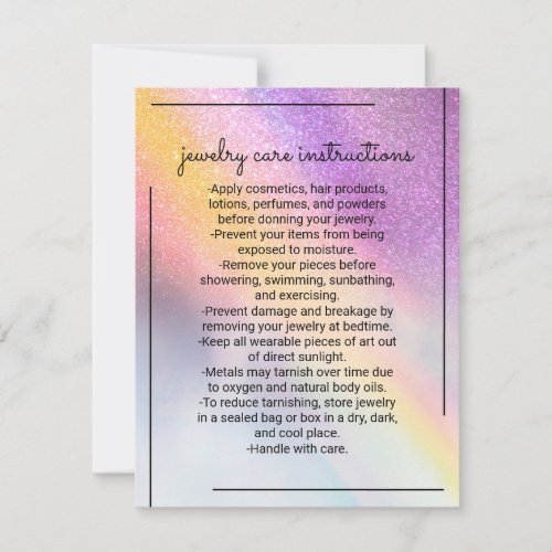 Rainbow Holographic Glitter Ombre Jewelry Care Note Card