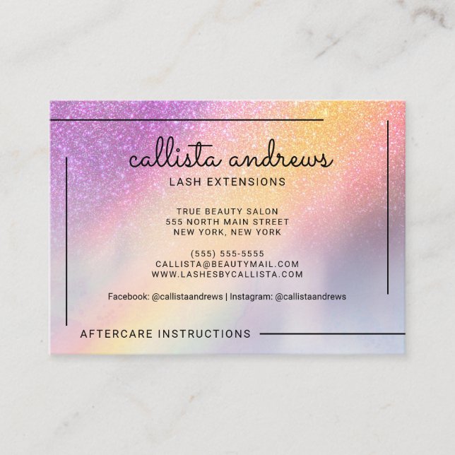 Rainbow Holographic Glitter Ombre Lashes Aftercare Business Card (Front)