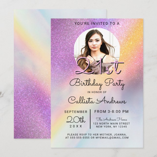 Rainbow Holographic Glitter Ombre Photo Birthday Invitation (Front/Back)