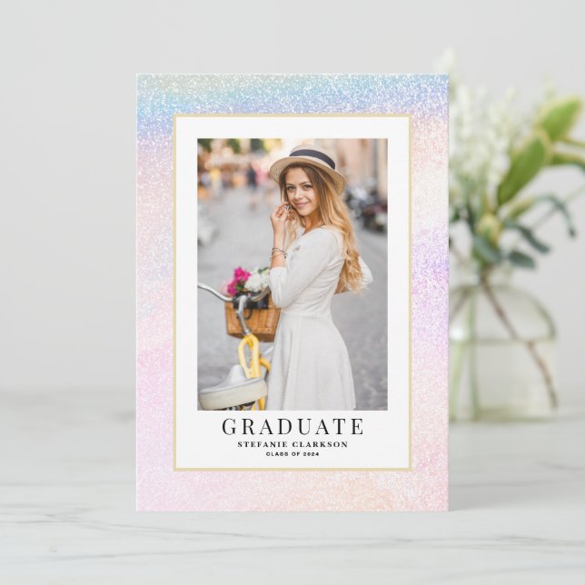 Rainbow Holographic Glitter Photo Graduation Announcement (Standing Front)