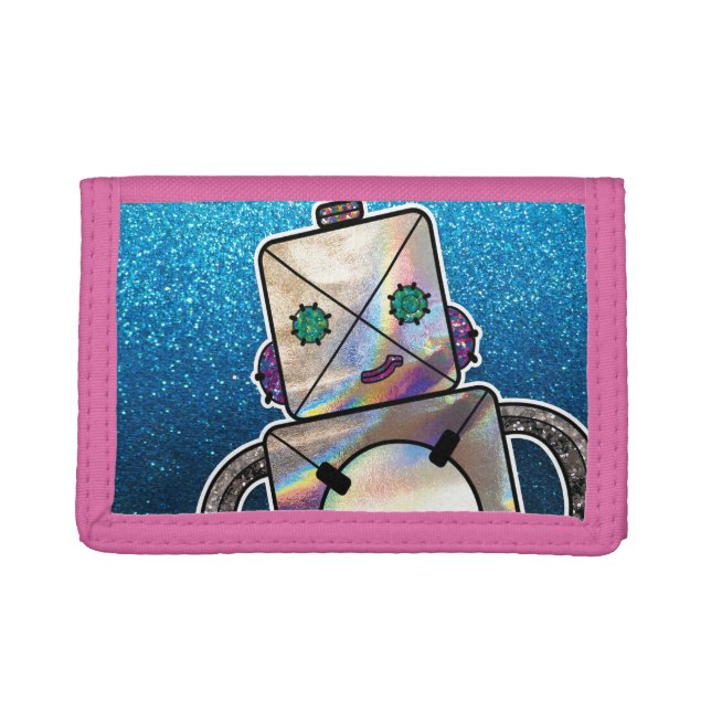 Rainbow Holographic Glitter Robot Sparkly Sparkles Trifold Wallet (Front)