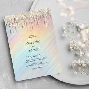 Rainbow holographic gold glitter drips Wedding Invitation