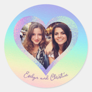 Rainbow Holographic Heart Frame Custom Photo Classic Round Sticker