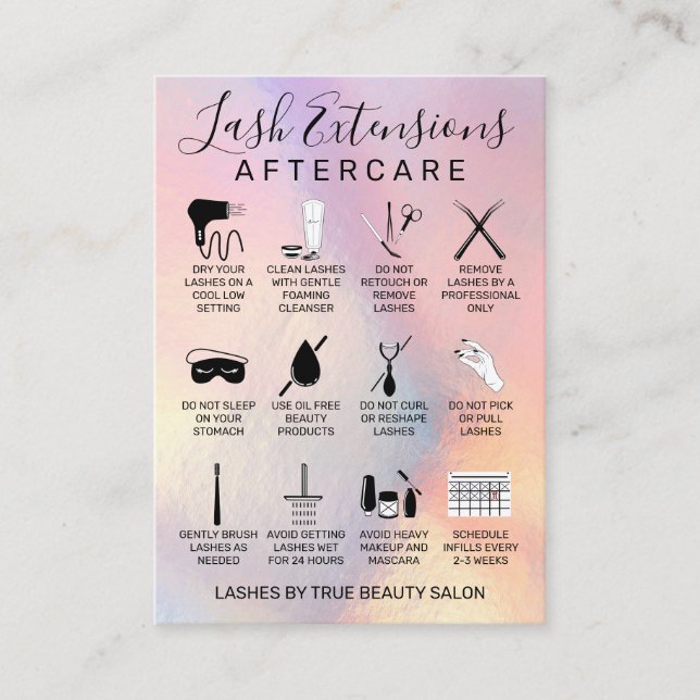 Rainbow Holographic Lash Extensions Aftercare Icon Business Card (Front)