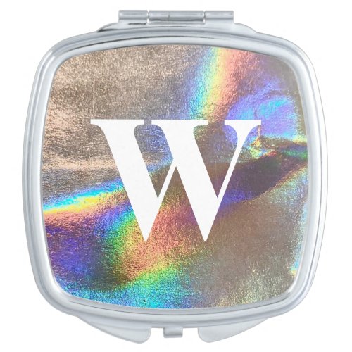 Rainbow Holographic Metallic Silver Monogram Compact Mirror