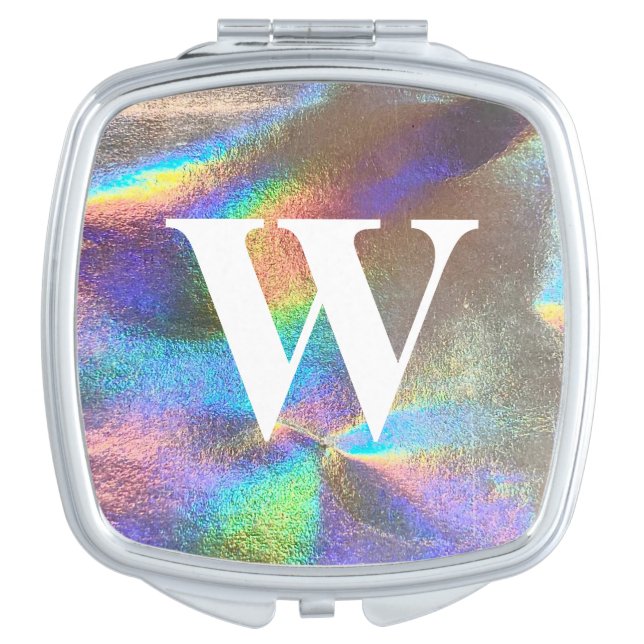 Rainbow Holographic Metallic Silver Monogram Compact Mirror (Front)
