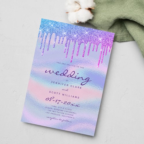 Rainbow Holographic Pink Glitter Drips Wedding Invitation