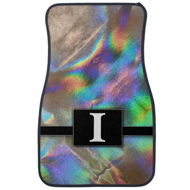 Rainbow Holographic Shiny Monogrammed Classic Car Floor Mat (Front)
