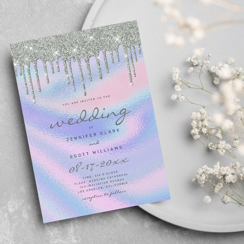 Rainbow Holographic Silver Glitter Drips Wedding Invitation