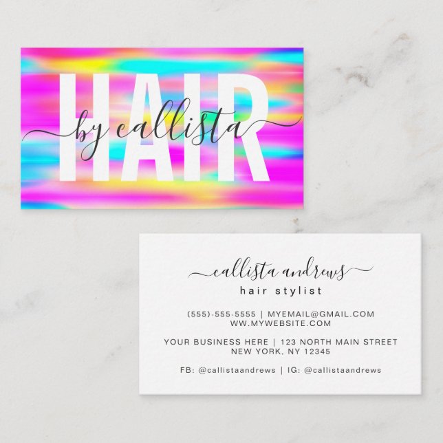 Rainbow Holographic Simple Typography Hair Stylist Business Card (Front/Back)