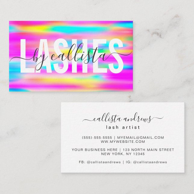Rainbow Holographic Simple Typography Lashes Business Card (Front/Back)