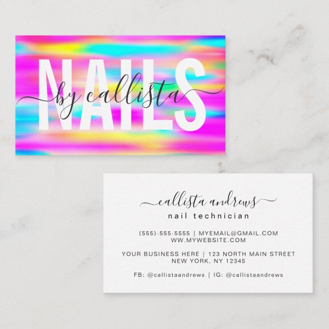 Rainbow Holographic Simple Typography Nail Artist Business Card (Front/Back)