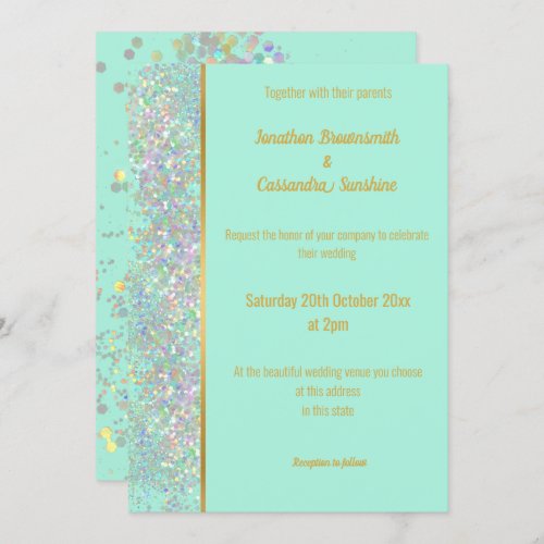 RAINBOW HOLOGRAPHIC SPOT AQUA GOLD WEDDING INVITATION