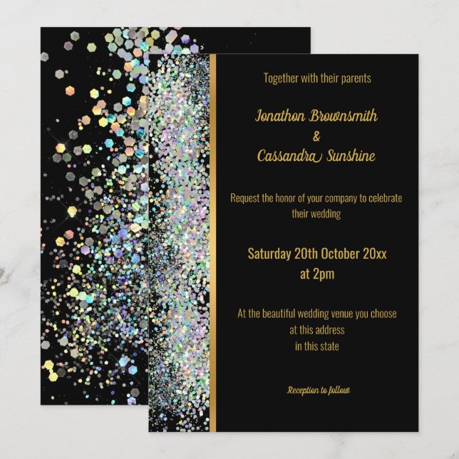 RAINBOW HOLOGRAPHIC SPOT BLACK GOLD WEDDING INVITATION (Front/Back)