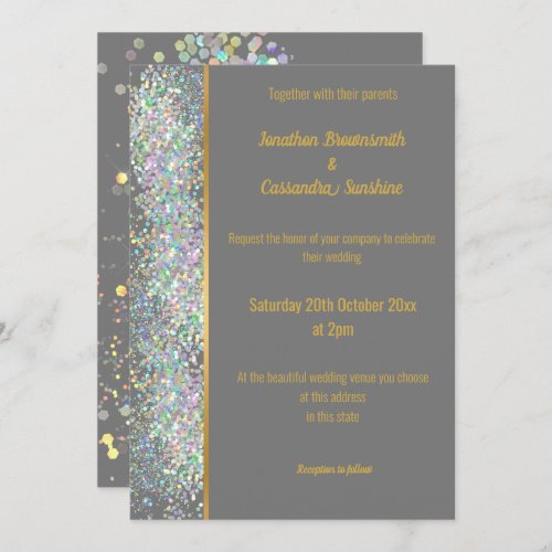 RAINBOW HOLOGRAPHIC SPOT GREY GOLD WEDDING INVITATION