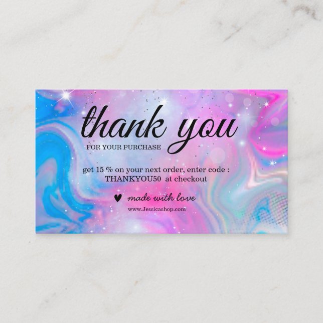 Rainbow holographic thank you business card (Front)