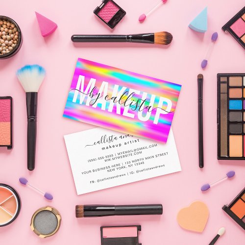 Rainbow Holographic Typography Makeup Artist Business Card