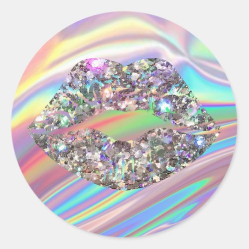 Rainbow Holography Glam Glitter Sparkly Lips Classic Round Sticker