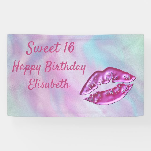 Rainbow holpgraphic cute pink lips sweet 16 party banner (Horizontal)