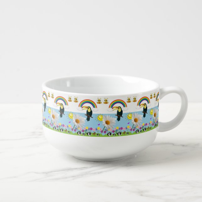 Rainbow Honeybee Rabbits Floral Soup Mug (Left)