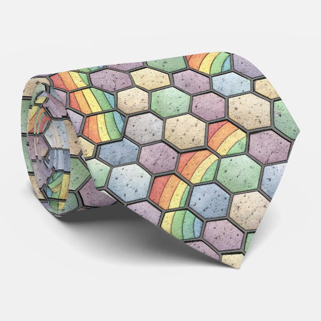 Rainbow Honeycomb Mosaic – Hexagonal Tile Neck Tie (Rolled)