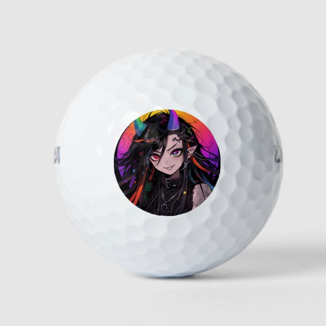 Rainbow Horned Goth Punk Anime Girl Golf Balls (Front)