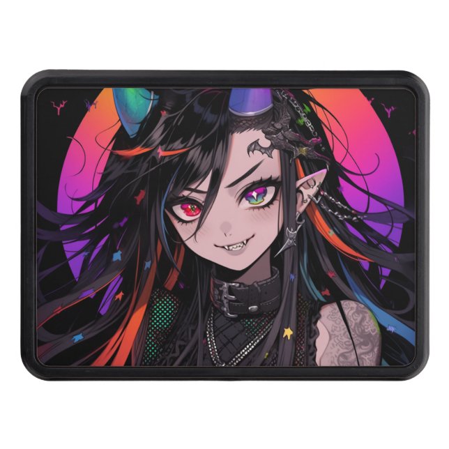 Rainbow Horned Goth Punk Anime Girl Hitch Cover (Front)