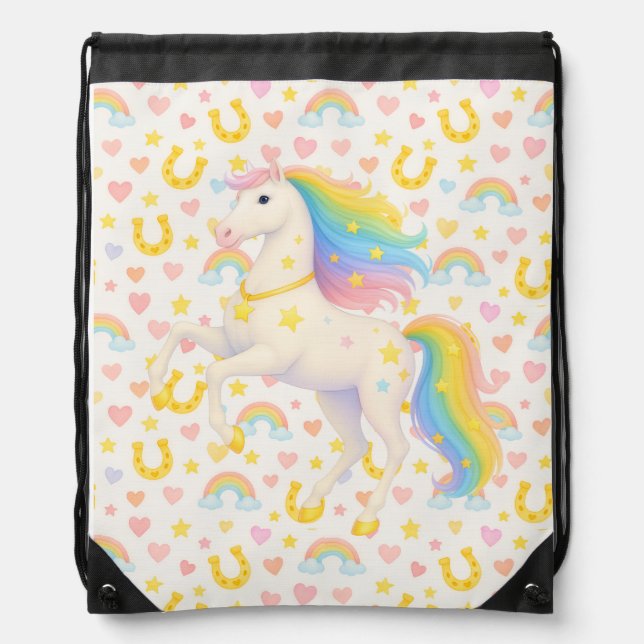 Rainbow Horses Bookbag for Kids — Cooper & Cody, C Drawstring Bag (Front)