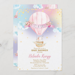 Rainbow Hot Air Balloon Baby Girl Shower Elephant Invitation