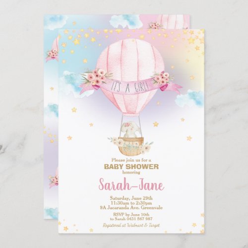 Rainbow Hot Air Balloon Baby Girl Shower Elephant Invitation