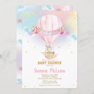 Rainbow Hot Air Balloon Baby Shower Bunny Girl Invitation