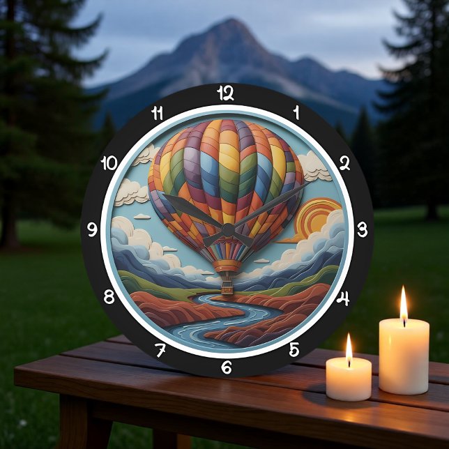 Rainbow Hot Air Balloon Over River Large Clock (Creator Uploaded)