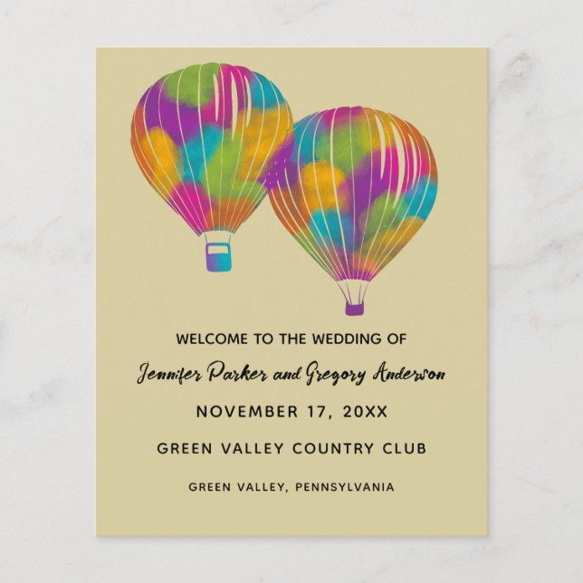Rainbow Hot Air Balloons Custom Wedding Program (Front)