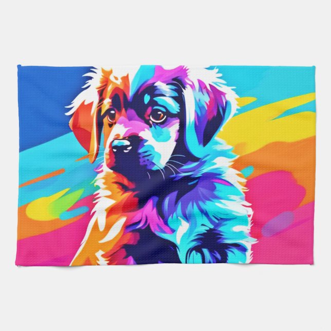 Rainbow Hued Dog Art Kitchen Towel (Horizontal)