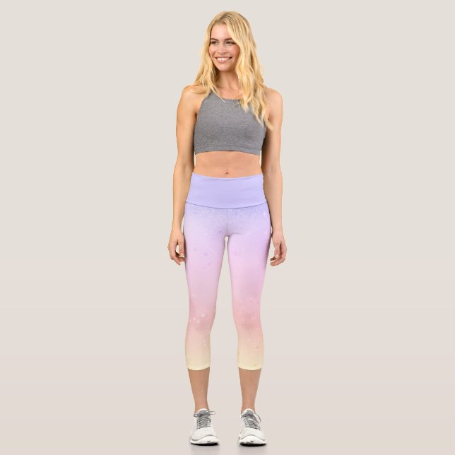 Rainbow Hued Pastel Gradient Starry Galaxy Yoga Capri Leggings (Front)