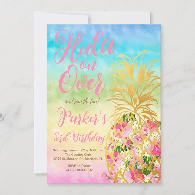 Rainbow Hula on over, Luau, Pineapple Birthday Invitation (Front)