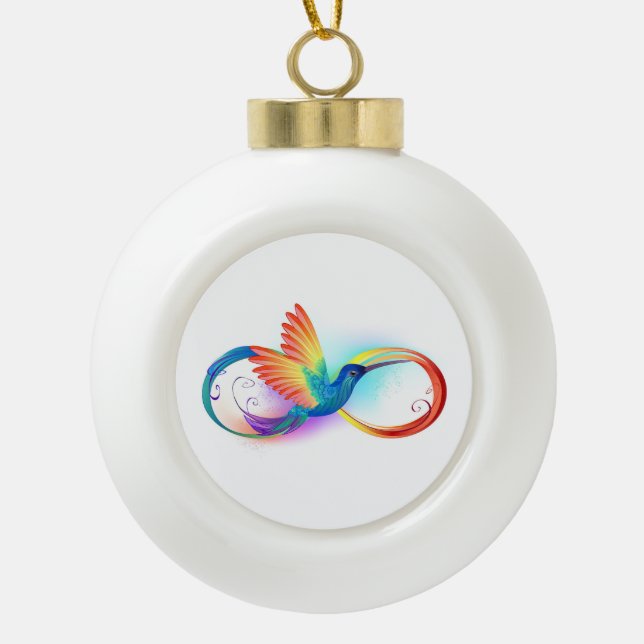 Rainbow Hummingbird with Infinity symbol Ceramic Ball Christmas Ornament (Front)