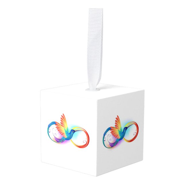 Rainbow Hummingbird with Infinity symbol Cube Ornament (Front Angled)