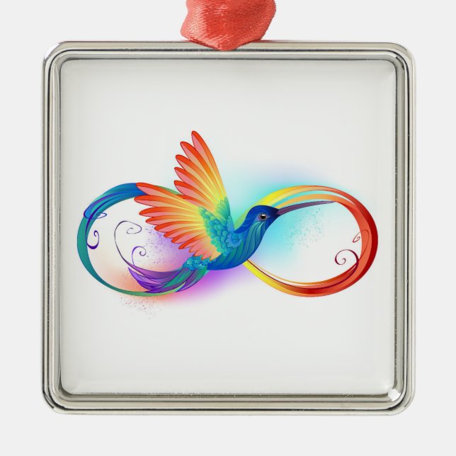 Rainbow Hummingbird with Infinity symbol Metal Ornament (Front)