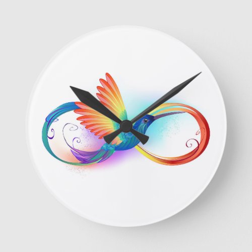 Rainbow Hummingbird with Infinity symbol Round Clock