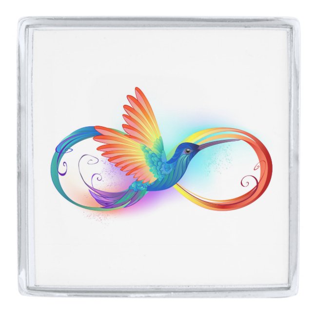 Rainbow Hummingbird with Infinity symbol Silver Finish Lapel Pin (Front)