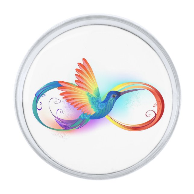 Rainbow Hummingbird with Infinity symbol Silver Finish Lapel Pin (Front)
