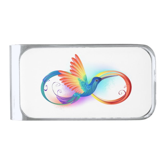 Rainbow Hummingbird with Infinity symbol Silver Finish Money Clip (Front)