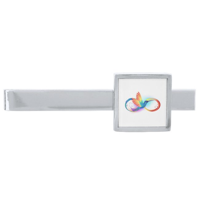 Rainbow Hummingbird with Infinity symbol Silver Finish Tie Bar (Front)