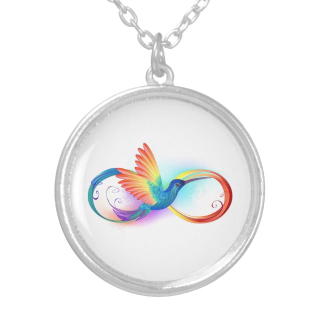 Rainbow Hummingbird with Infinity symbol Silver Plated Necklace (Front)