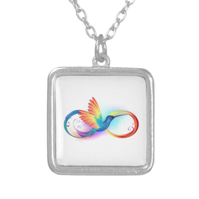 Rainbow Hummingbird with Infinity symbol Silver Plated Necklace (Front)